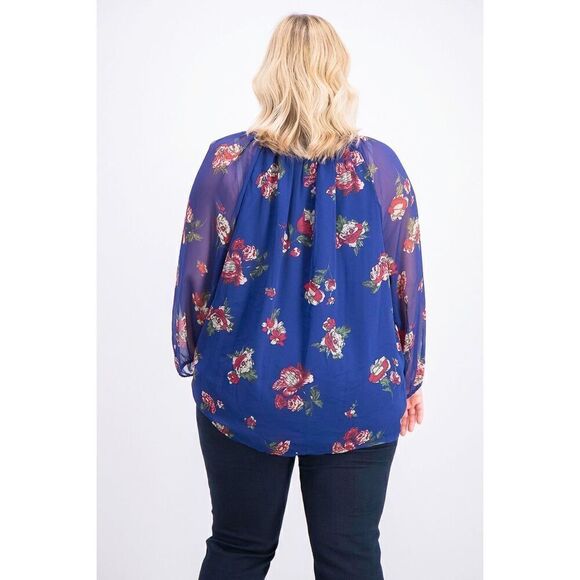 Lucky Brand 2X Womens Plus Size Floral Print Slash Neck Pullover Top, Blue - Picture 3 of 8